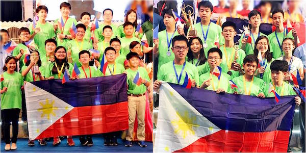 The Philippines' elementary (left) and high school teams display the flag and their awards at the India International Mathematics Competition awarding ceremony. (MTG)